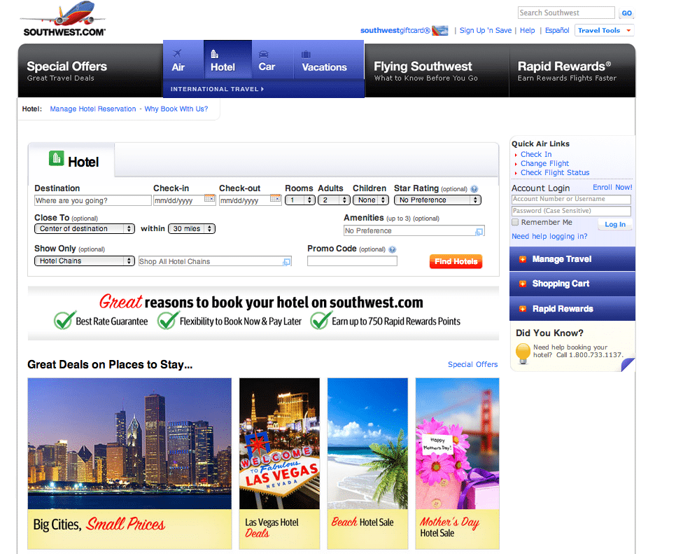 The Southwest.com hotels booking section gets very low traffic.