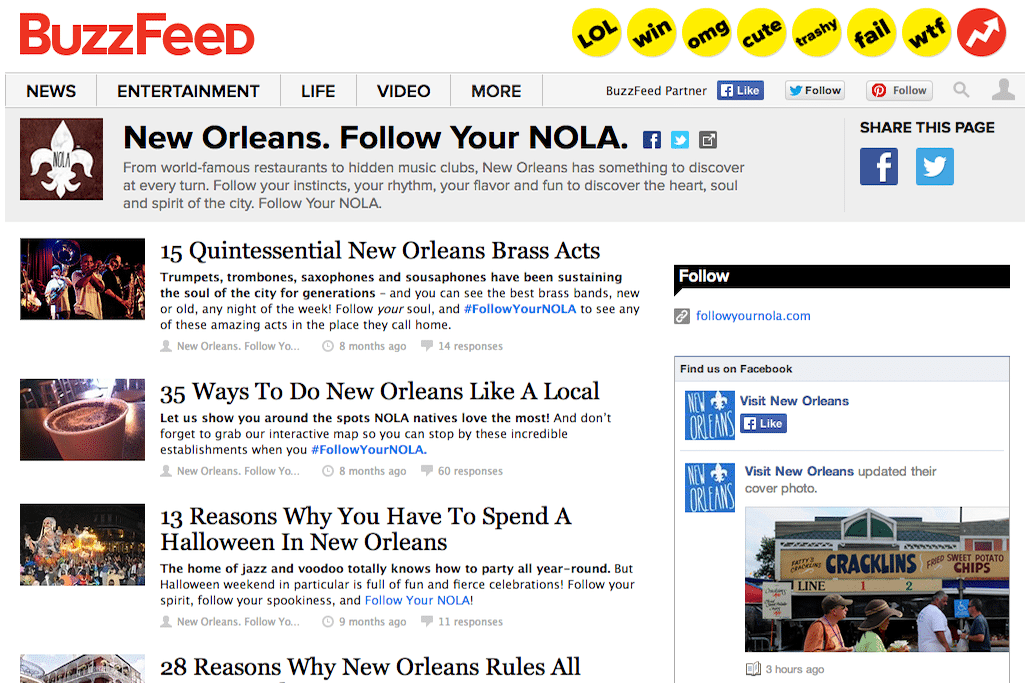 New Orleans Tourism creates native content for Buzzfeed during its 2013 "Find Your NOLA" campaign. 