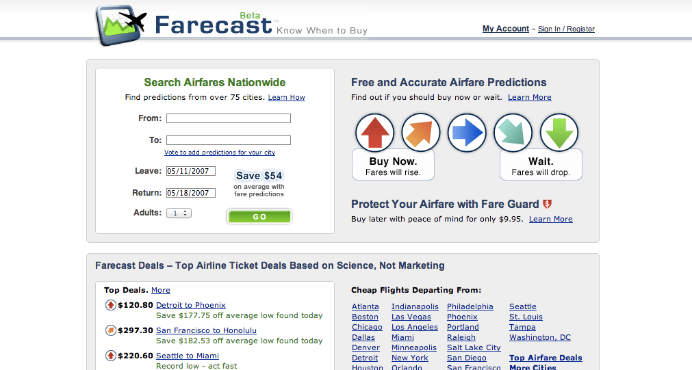 Farecast in 2007, courtesy of the WayBackMachine. 