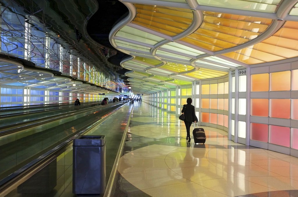 A business traveler walks through Chicago O'Hare International Airport. 