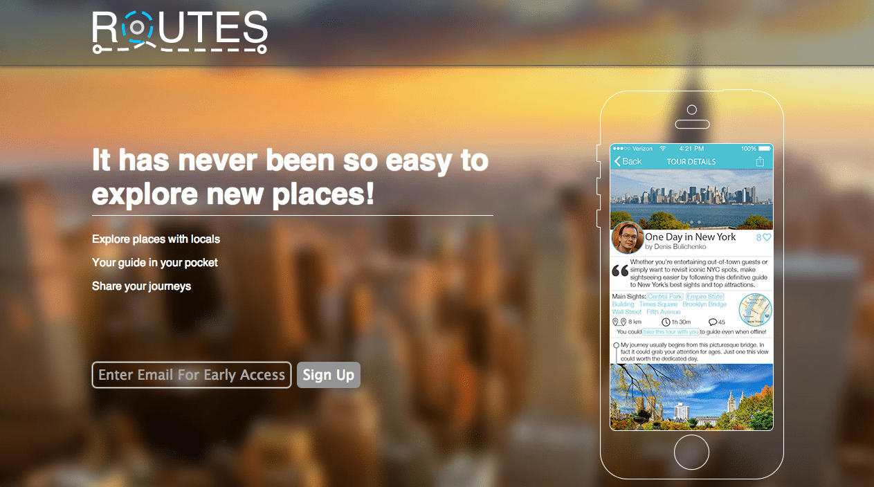 Routes is an app that allows tourists to choose from a list of tours in the area they want to explore.