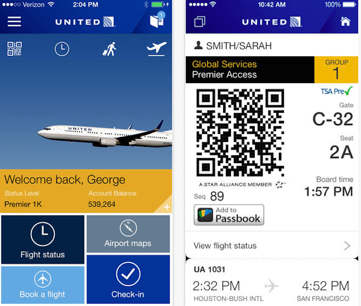 United's revised iOS app, pictured above, enables users on select flights to connect to onboard Wi-Fi and to view movies and TV shows on their iOS devices.