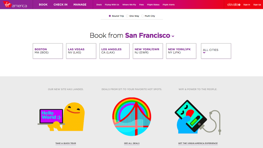 This is the homepage of Virgin America's new under-the-radar beta site. It is geared to making booking an airline ticket easier regardless of travelers' computing device of choice.