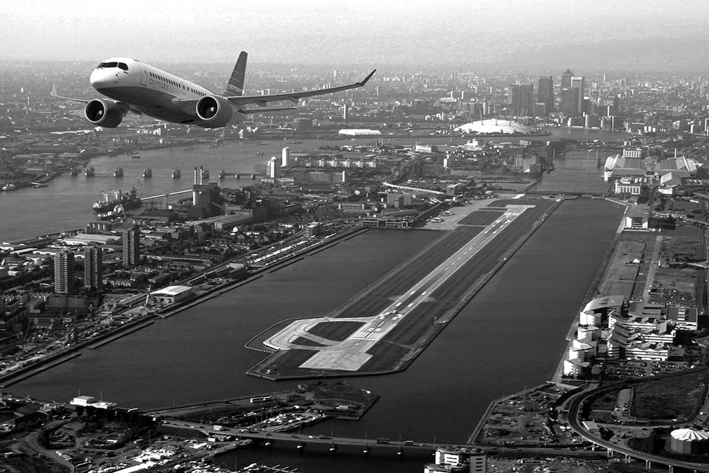 Rendering of an Odyssey plane leaving London City Airport. 