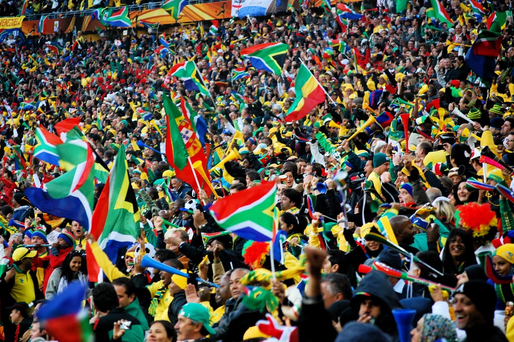 South Africa fans cheer during the fIrst match of the FIFA World Cup in Soccer City, Johannesburg.