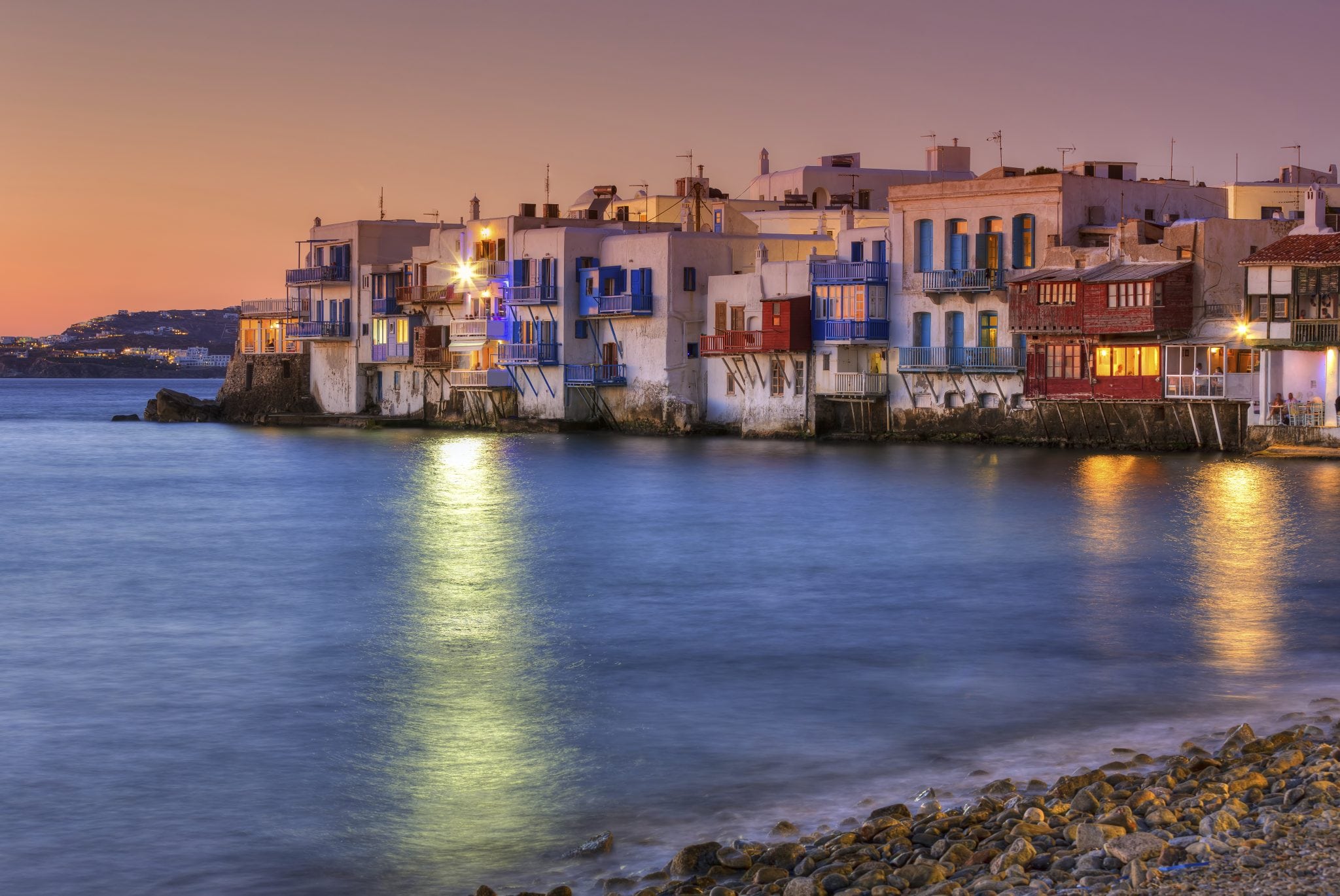 The town known as Little Venice in Mykonos, Greece.