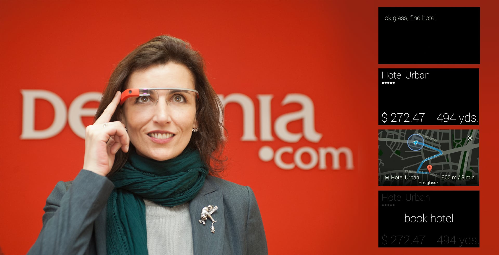 A women wears Google Glass at Destinia's headquarters.