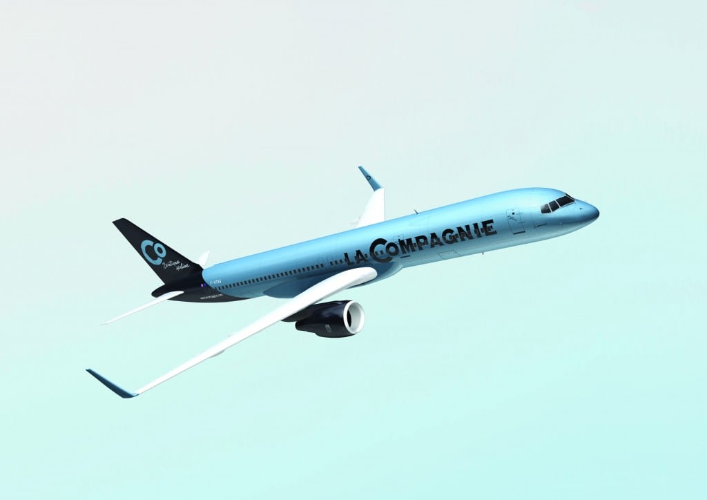 A rendering of the La Compagnie jet, which will be a redesigned Boeing 757-200 painted in the airline's signature light blue brand color.