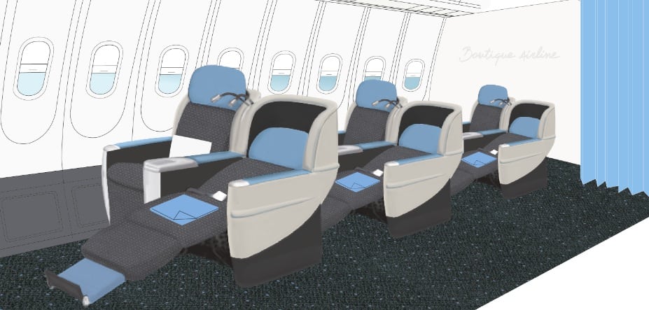 A rendering of the 74 lie-flat seats, which create a 2x2 configuration throughout a single aisle cabin with no dividing class curtain. 