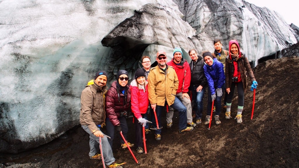 The Skift team near one of the caves in the Vatnajökull glacier in Iceland during a company retreat in 2014.