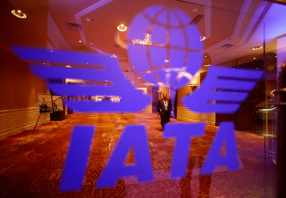 A delegate of the 68th International Air Transport Association (IATA) annual general meeting is pictured through an IATA logo in Beijing June 11, 2012.