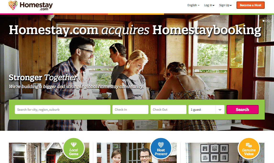 The homepage of peer-to-peer lodging site Homestay.com.