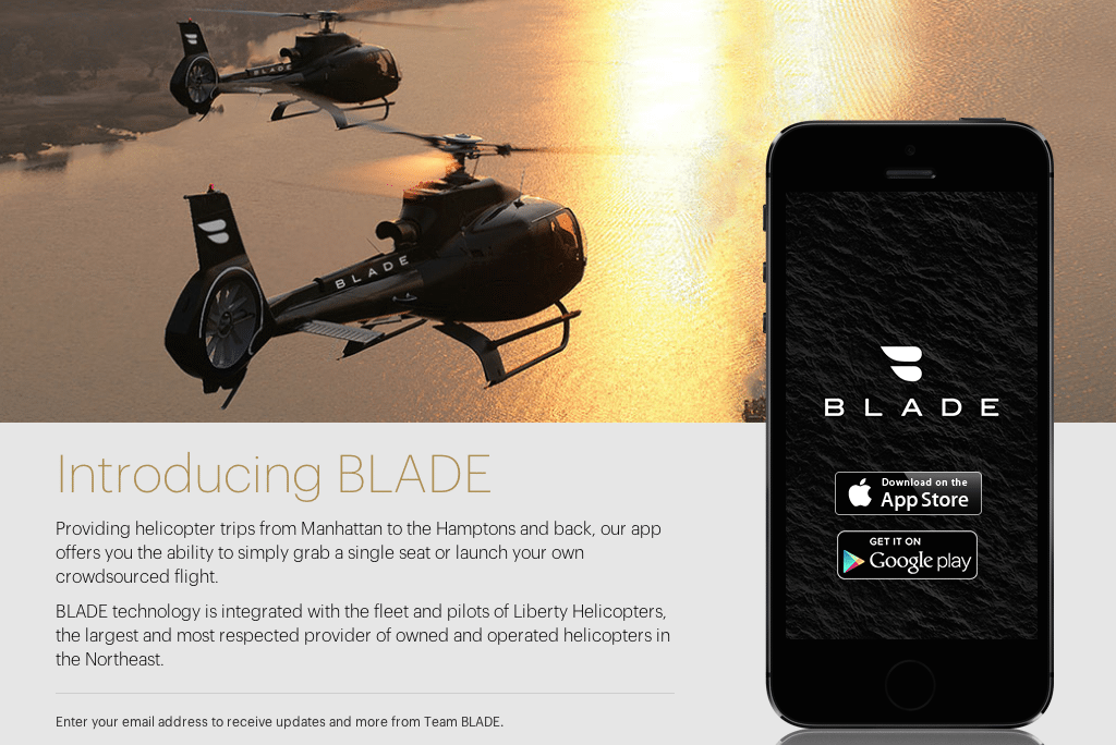 The Blade app offers users the ability to grab a single seat on a helicopter ride or launch their own crowdsourced flight.
