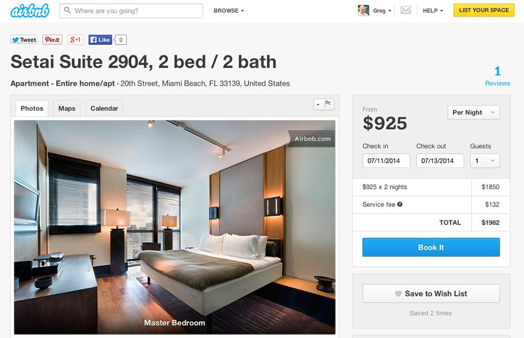 Airbnb listing for The Setai Miami Beach