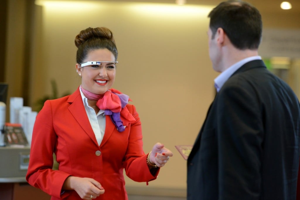 Virgin Atlantic employees during a trial run of Google Glass. 