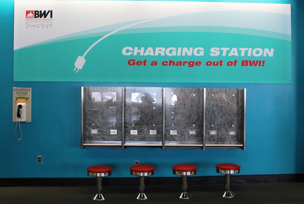 BWI Airport has converted old banks of payphones into charging stations on Concourse D.