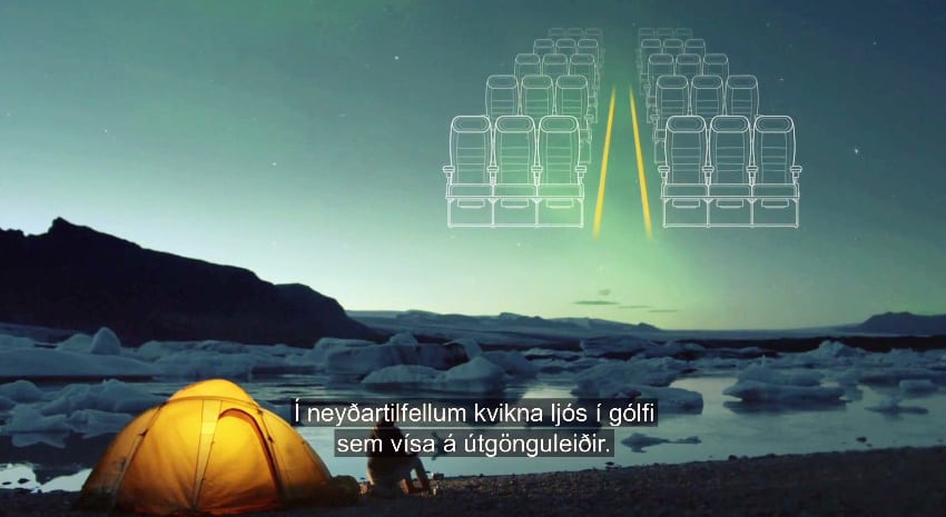 Emergency lighting is compared to the northern lights in Icelandair's new safety video.