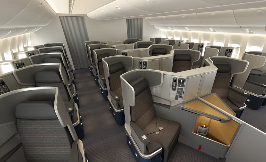 The Business Class cabin in American Airlines' 777-300ERs are outfitted with fully lie flat seats with aisle access.
