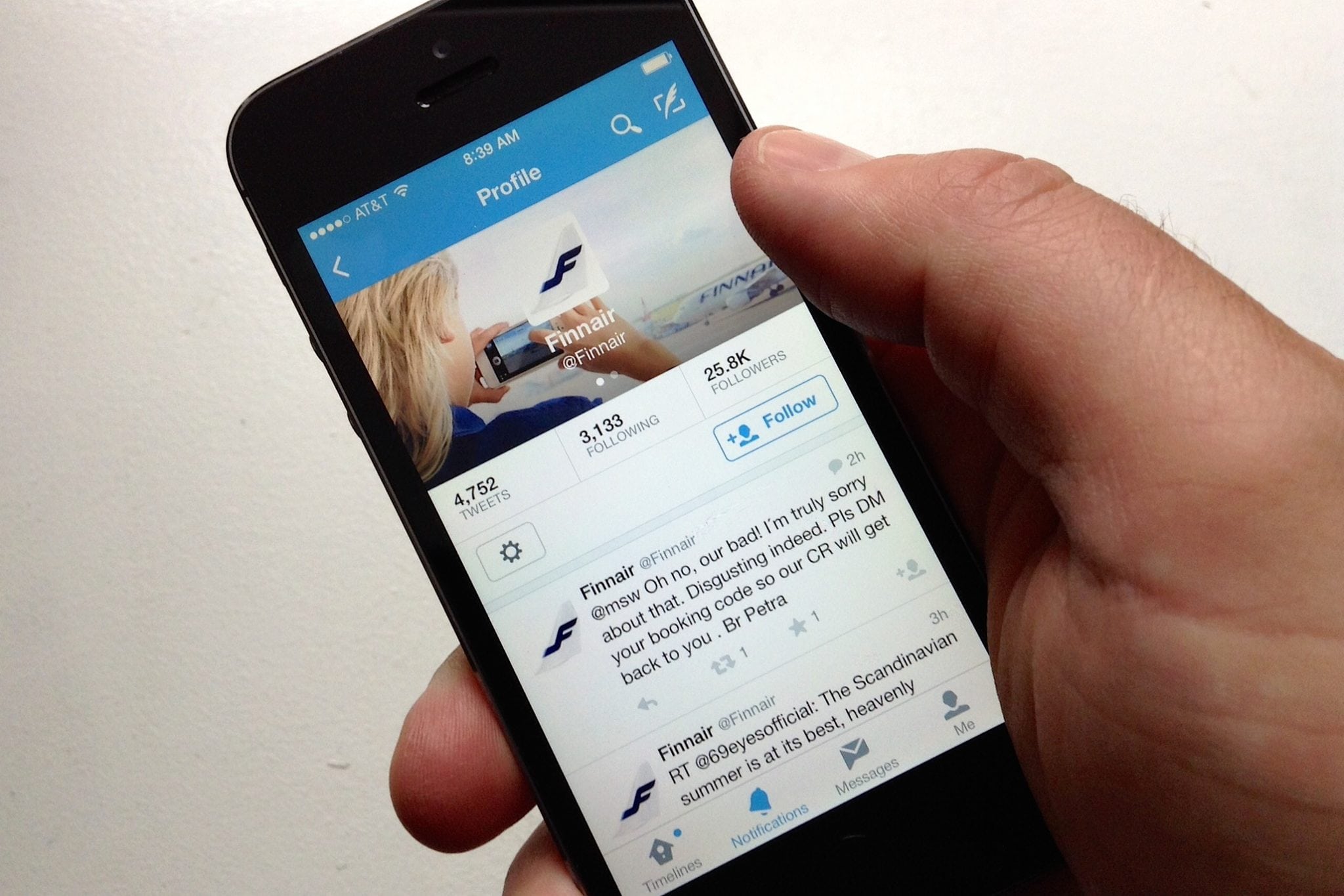 Finnair's Twitter feed on an iPhone. 