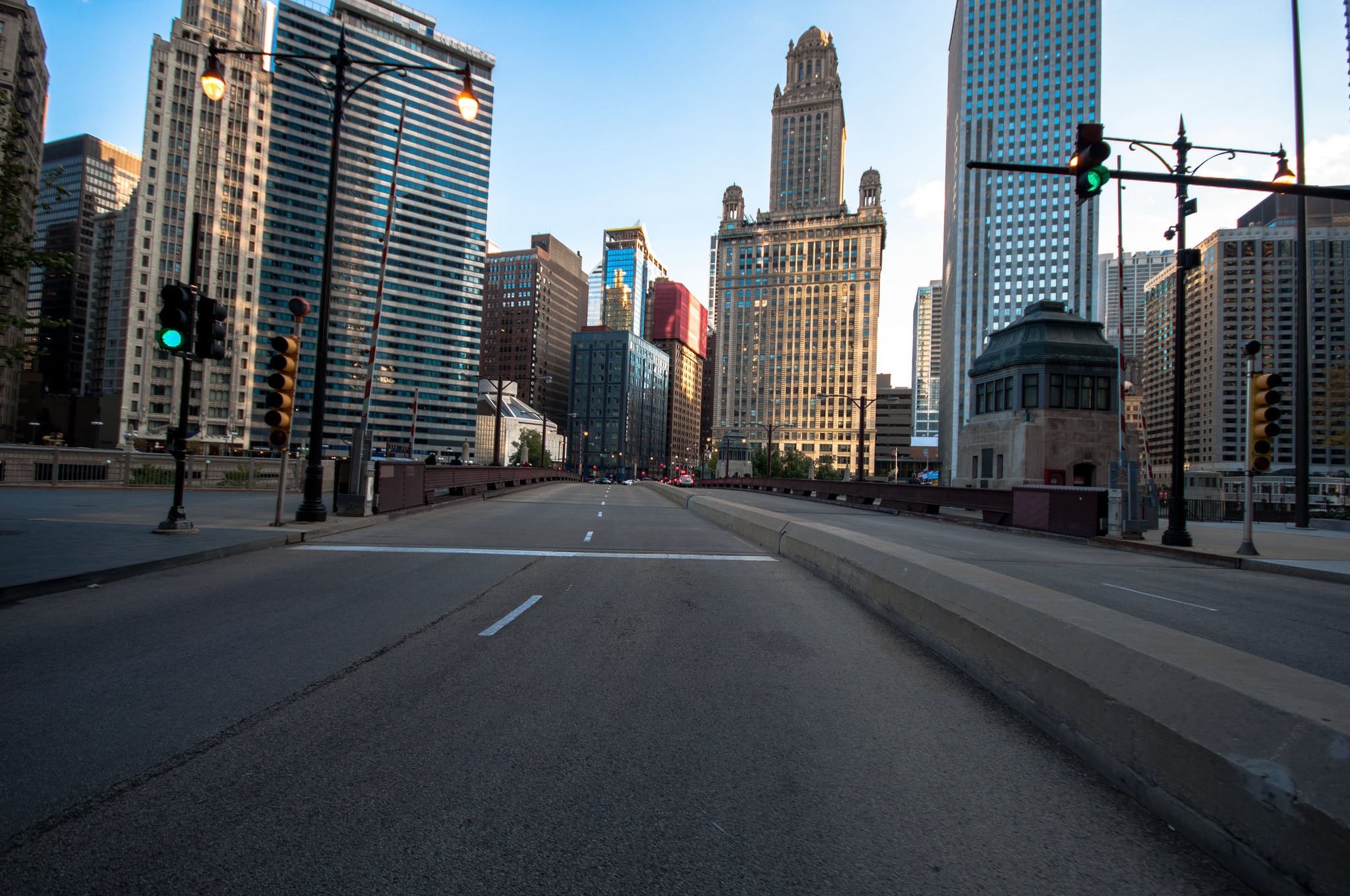 An empty street in downtown Chicago. 