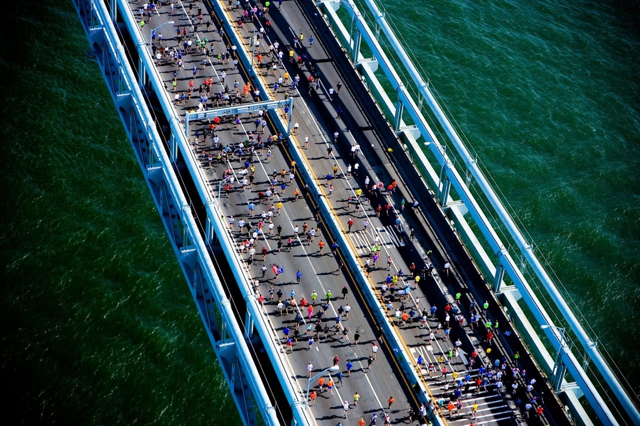 Runners cross the Verrazano Bridge during the 2008 New York City Marathon.