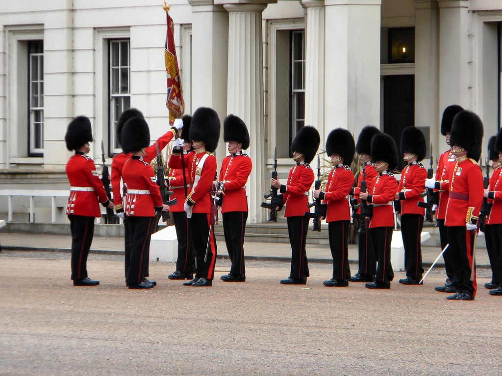 The changing of the Queen's guard at Buckingham Palace.