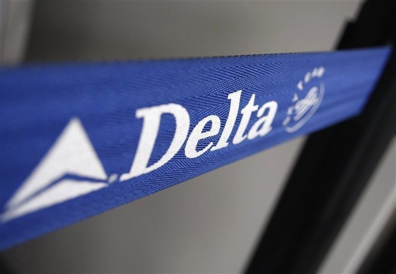 The Delta airline logo is seen on a strap at JFK Airport in New York. 
