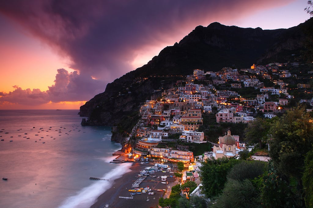 Dusk settles on the village of Positano along Italy's Amalfi Coast. 