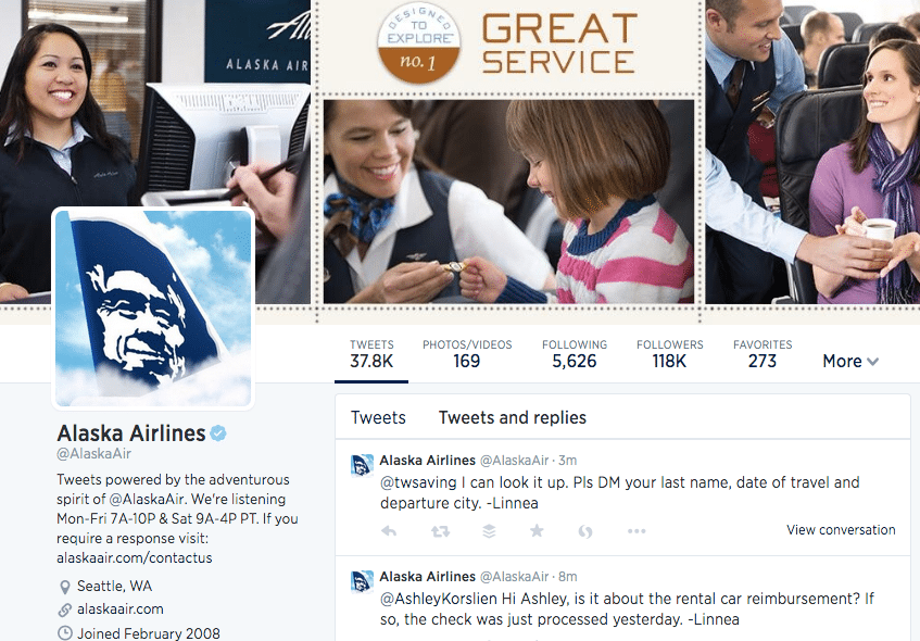 Alaska Air's Twitter profile description and replies.