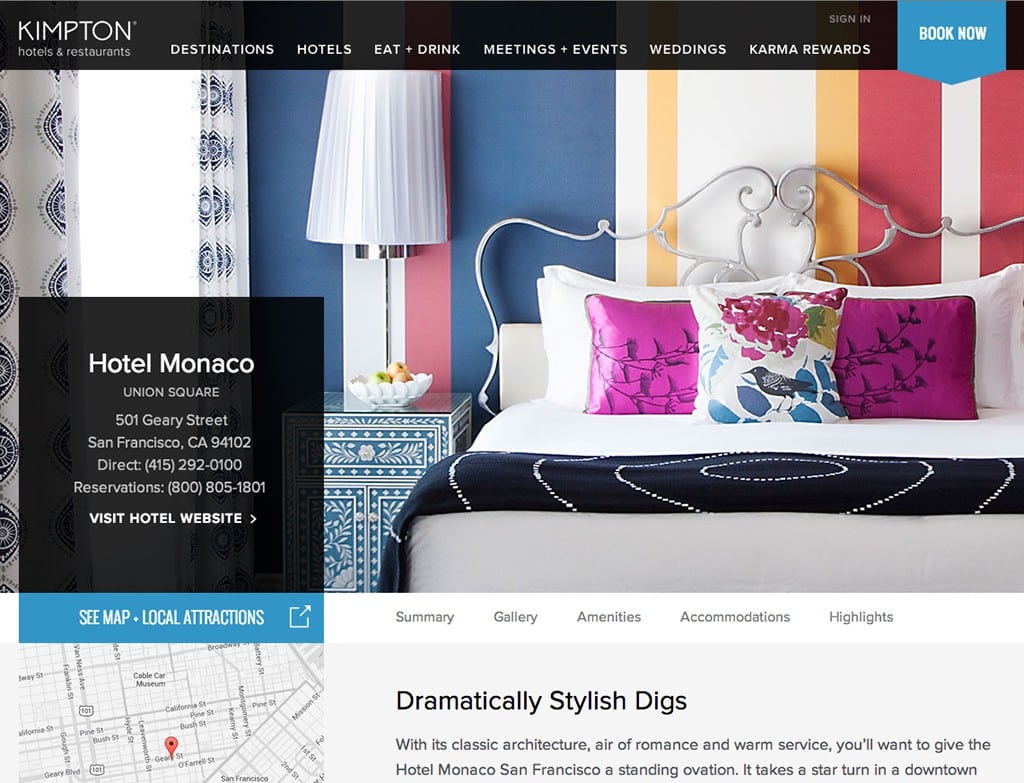 Webpage for Hotel Monaco Union Square, San Francisco. 