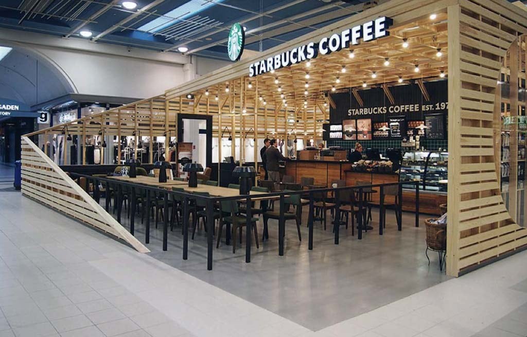 Starbucks is very popular with business travelers, and attracted the highest spending among restaurants for road warriors in the second quarter of 2014. Pictured is a Starbucks in Denmark.