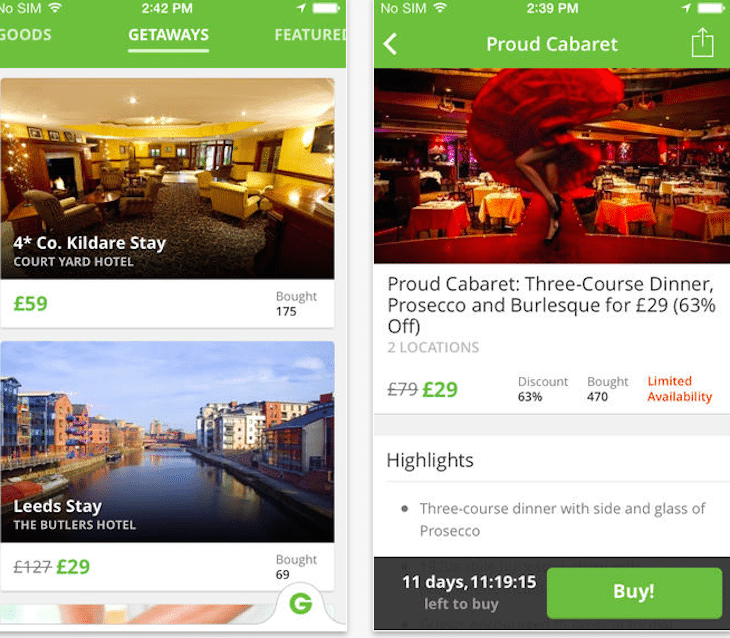 Groupon debuted tonight-only hotel deals and a Hotel tab (not shown) to go along with Getaways, Goods and other categories in its mobile apps.
