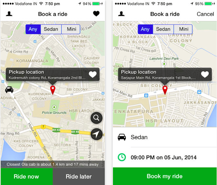 India-based car service Olacabs claims that more than half of its transactions take place through mobile devices. Pictured is the Olacabs iOS app.