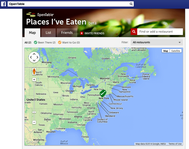 OpenTable's Facebook app, Places I've Eaten.