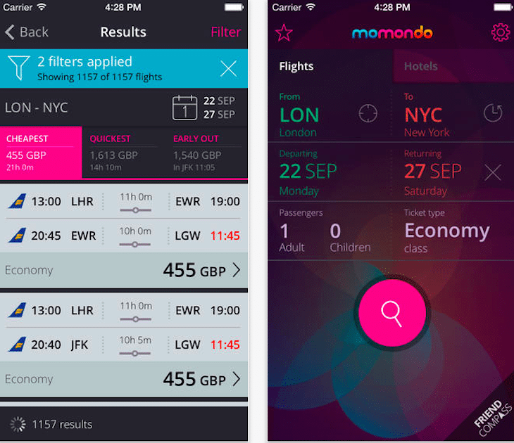 The Momondo Group, which operates the Momondo and Cheapflights brands, has retained strategic advisors. Pictured is the Momondo iOS app.