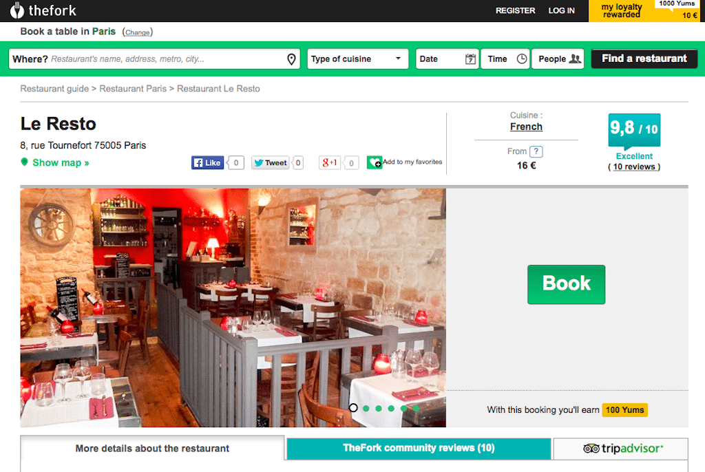 TripAdvisor plans to aggressively invest in expanding its restaurant reservations' capabilities globally over the next three to five years. Pictured is a listing for Le Resto in Paris in TripAdvisor's TheFork.com.