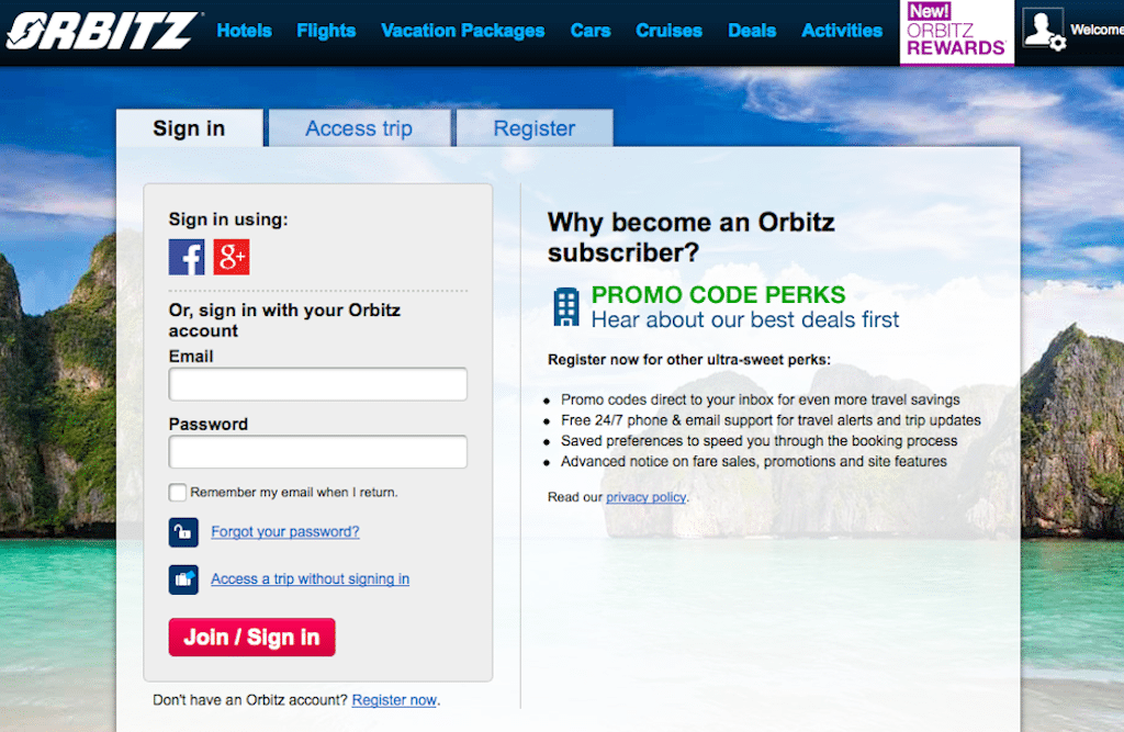 Orbitz allows users to login using Facebook, Google+ or email.