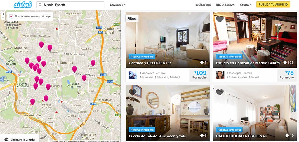 The Madrid page on Airbnb.es. 