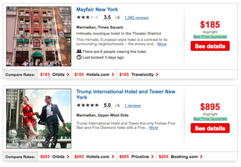 Underneath CheapTickets listings and rates for the Mayfair New York and the Trump International Hotel and Tower New York, Cheaptickets is running metasearch-like advertisements showing rates from Orbitz, Priceline, Booking.com, Travelocity and Hotels.com. 