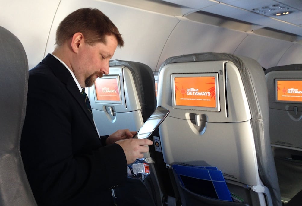 Airlines hope to tailor special offers to passengers based on their preferences and previous interactions with the carrier. Picture, JetBlue manager of corporate communications Morgan Johnston on a press flight for JetBlue's Fly-Fi launch.