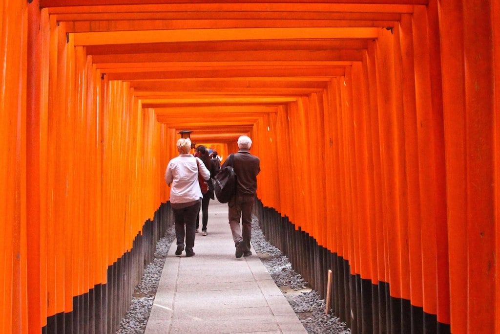 The vermillion torii gates of the Fushimi-inari Taisha shine in Kyoto, Japan.