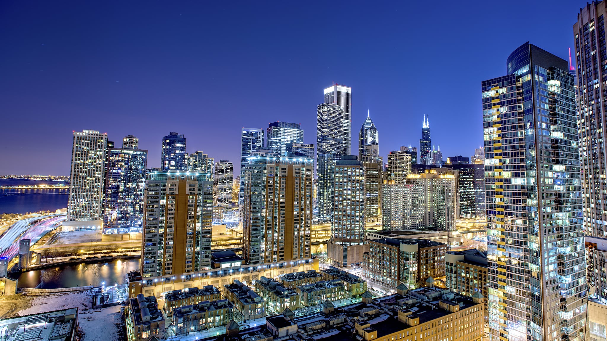 The night skyline of downtown Chicago. 