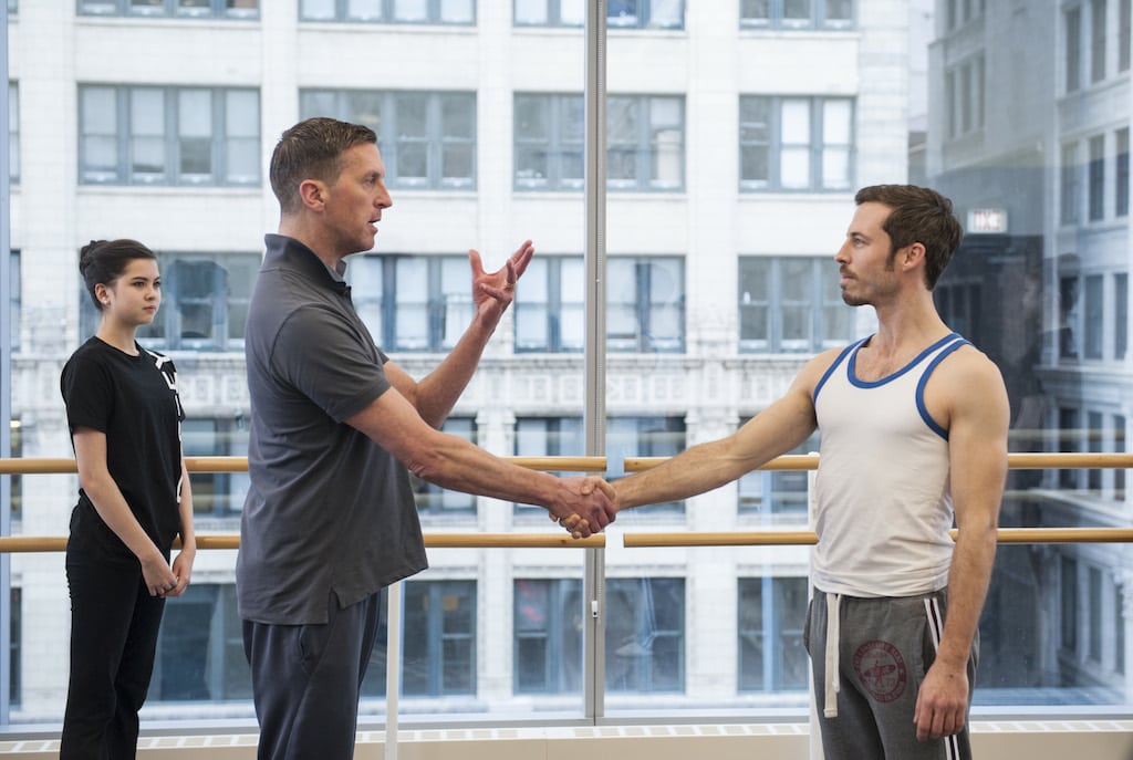 Joffrey Ballet artistic director Ashley Wheater (center) teaches the finer points of a proper handshake.