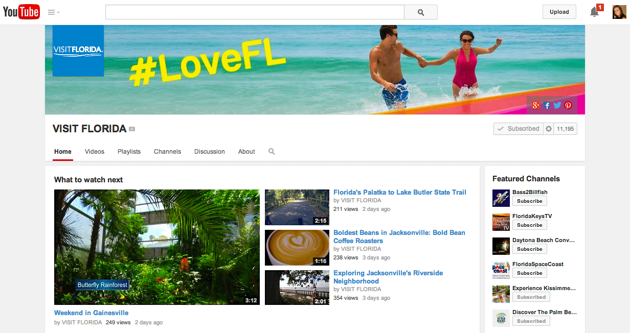 Visit Florida has an active presence on YouTube.