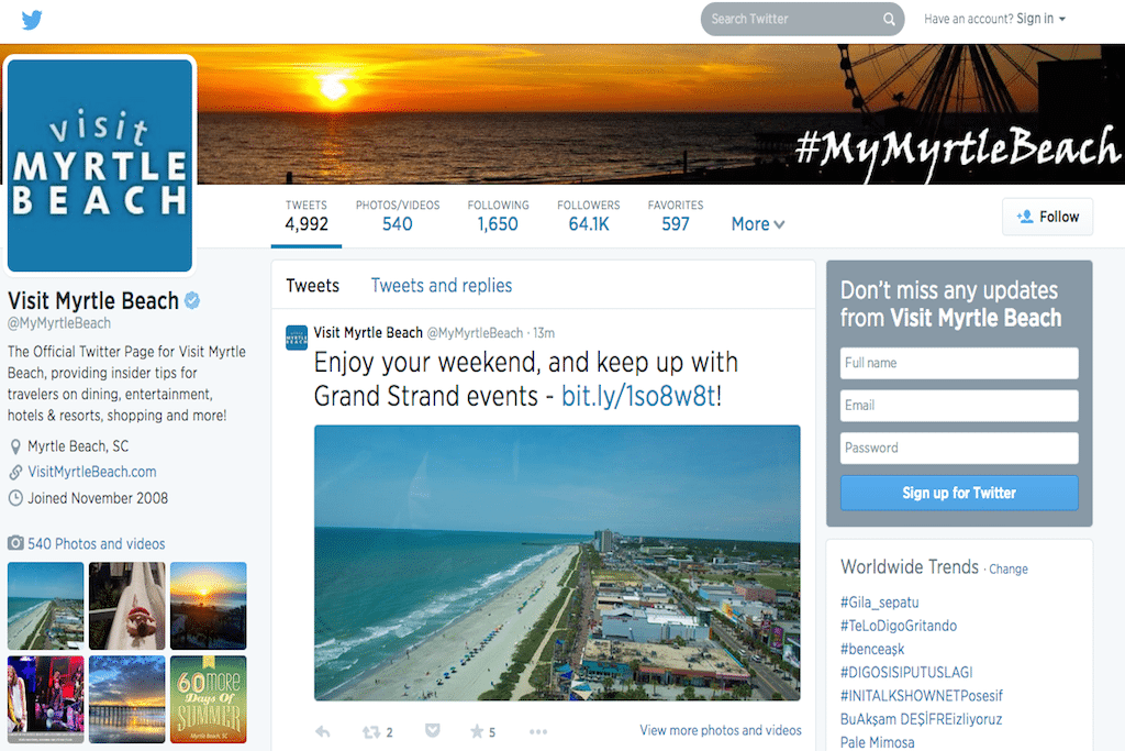 The home page of Visit Myrtle Beach's Twitter presence.