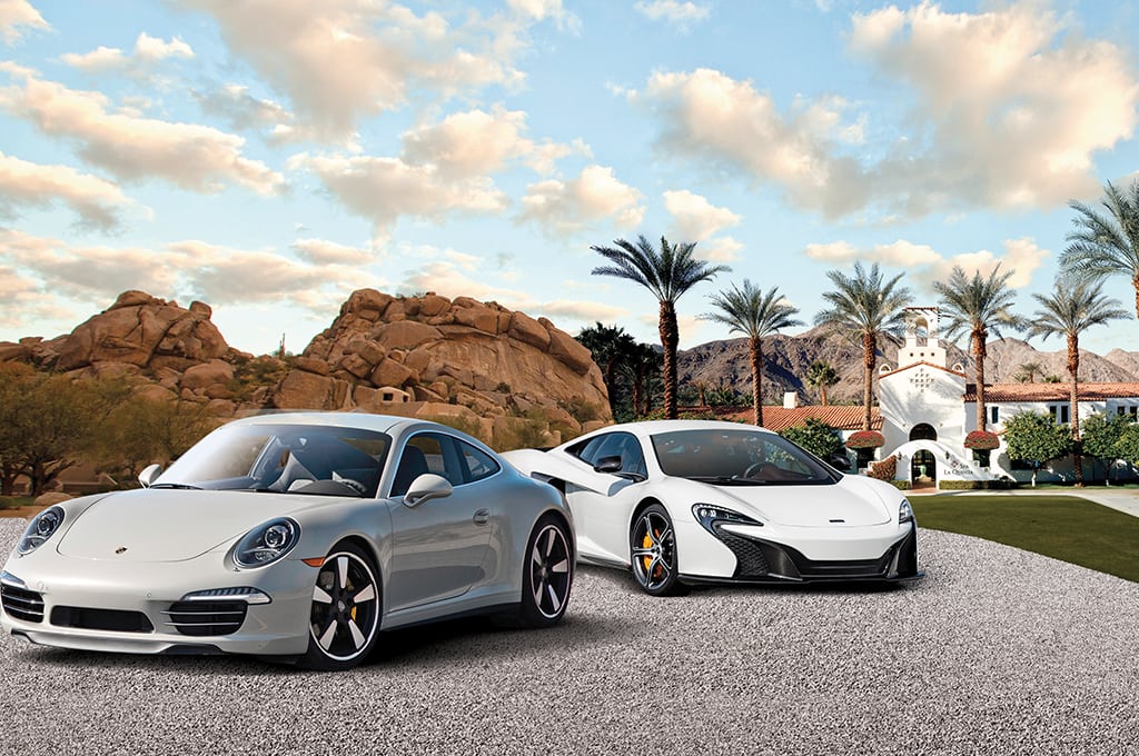 The Waldorf Astoria Driving Experiences will include three-hour spins in a Porsche 911 Turbo (left) and a McLaren MP4-12C. Pictured in the background is the Arizona Biltmore, a Waldorf property. 