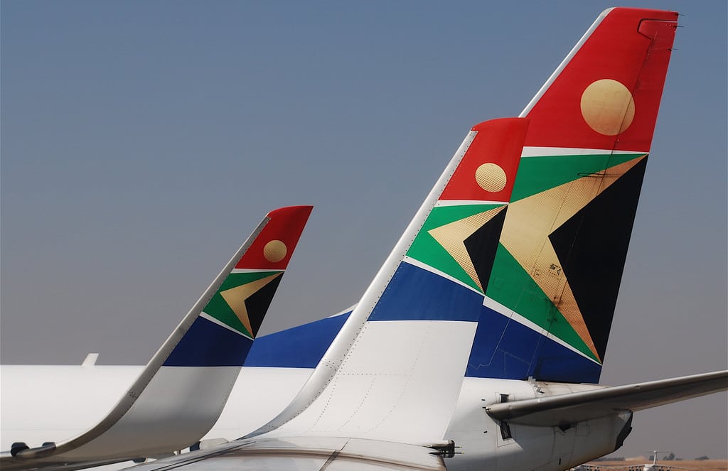 South African Airways jets sit on the tarmac at Johannesburg International Airport.