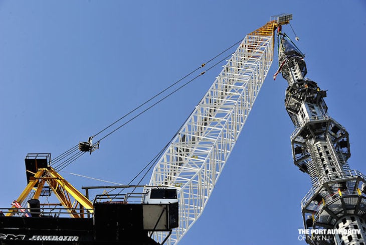 The spire being raised for One World Trade Center in May 2013.