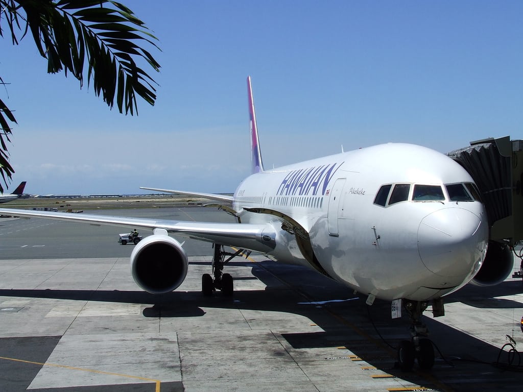 Hawaiian Airlines 767 sitting at the gate in Honolulu, Hawaii. The airline has some of the country's highest on-time arrival and departure dates.