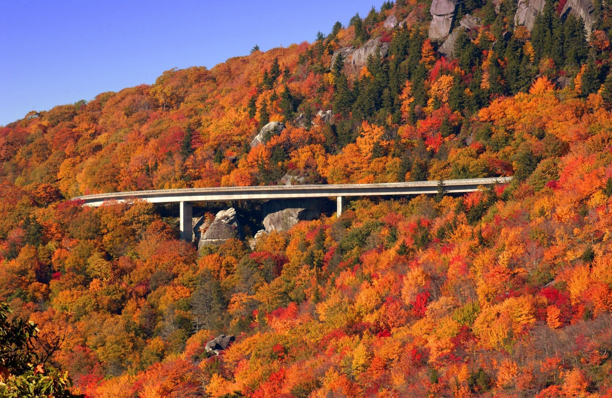 The Linn Cove Viaduct crosses fall foliage on the Blue Ridge Parkway in North Carolina.
